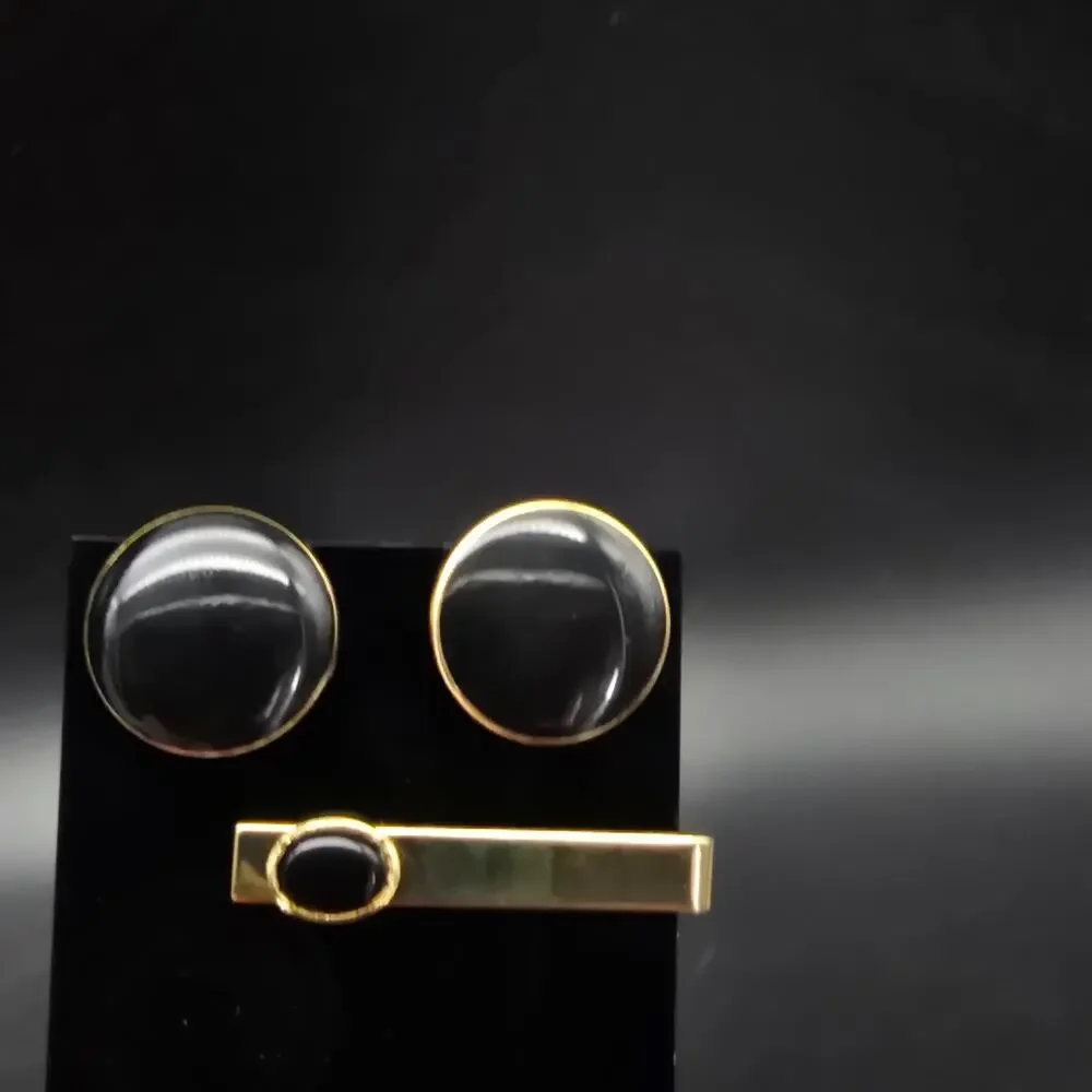 Gold Tone Black Enamel Round Cufflinks Tie Clip Tie Bar Set